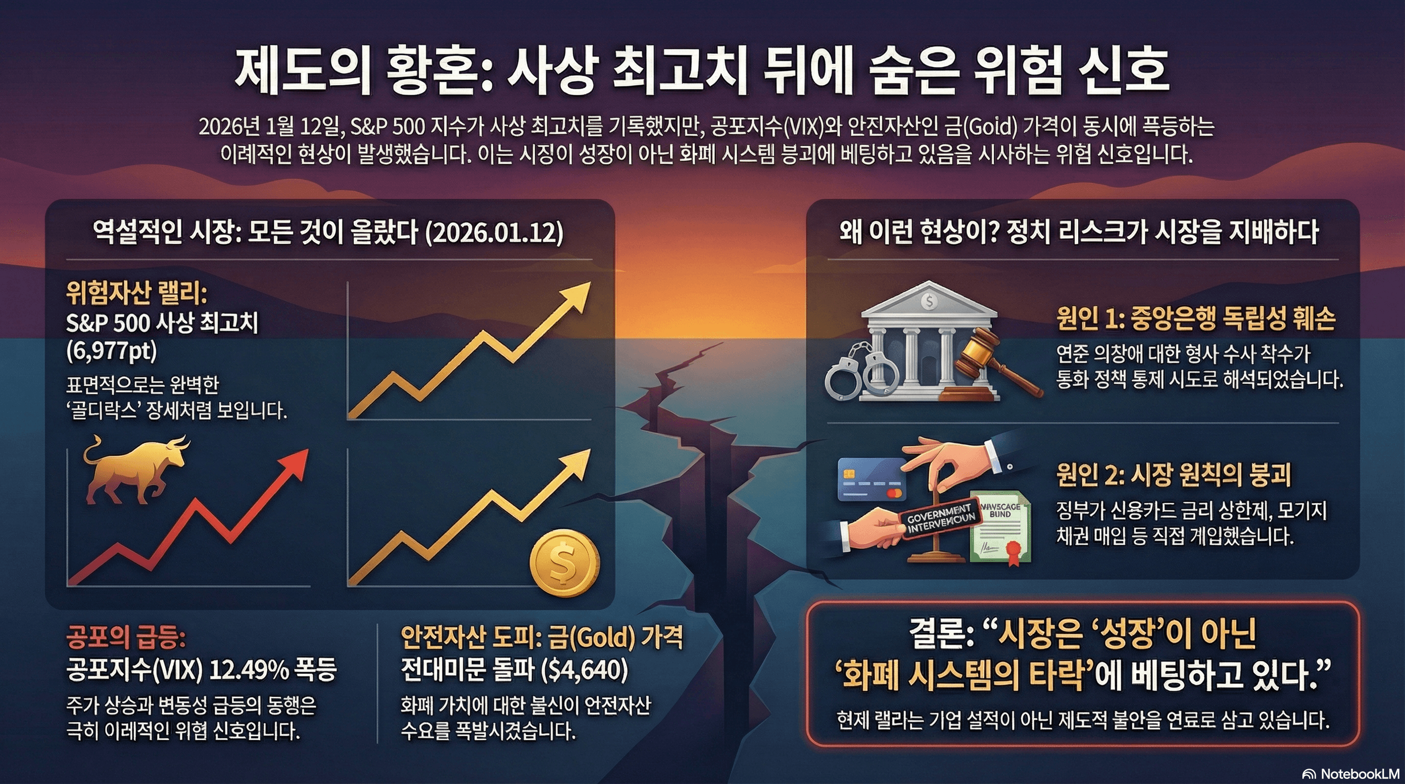 [일간 리포트]증시 최고가 뒤의 공포: VIX 급등과 금값 $4,640 돌파가 보내는 경고 (2026.01.13)