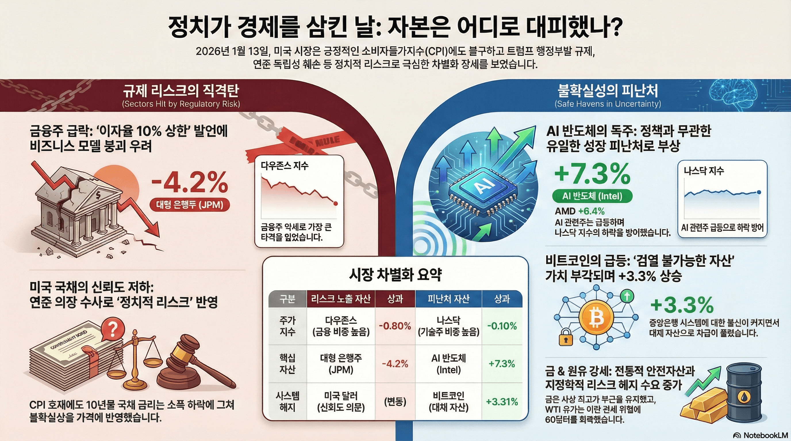 [일간 리포트]2026.01.14 미국 증시 시황: CPI 안도를 덮친 정책 공포와 자산 대이동